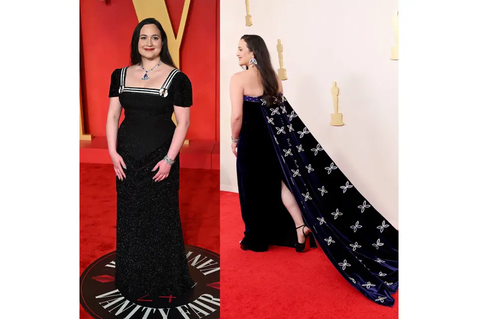 Left: Gladstone at the Vanity Fair Oscars Party. Photo by Doug Peters/PA Images via Getty Images. Right: Gladstone at the 96th Academy Awards. Photo by Mike Coppola/Getty Images.