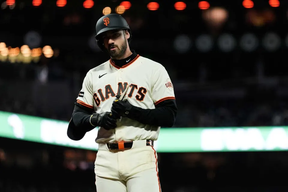 San Francisco Giants’ Bryce Eldridge breaks his bat during an at-bat against the San Diego Padres in the sixth inning of a baseball game Monday, May 4, 2026, in San Francisco....
