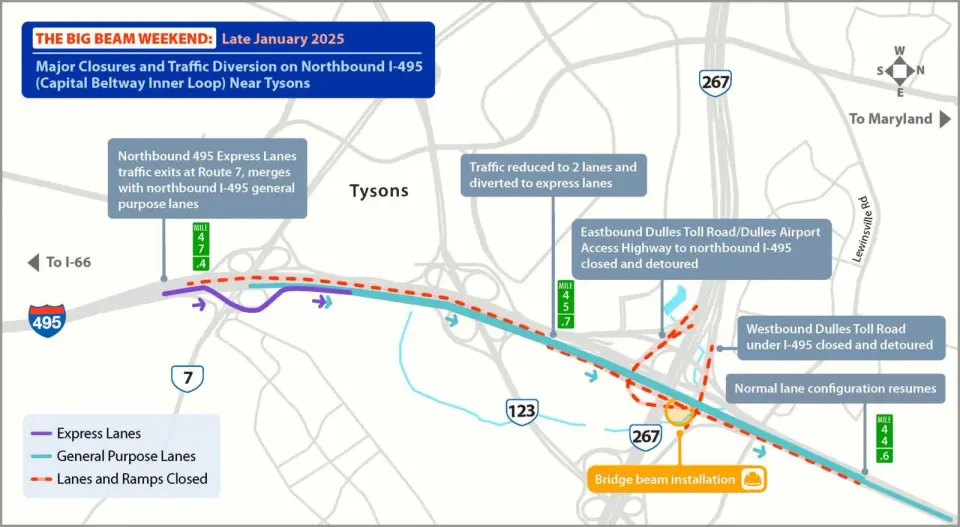 Map of road closures on I-495 North in late January (via VDOT)