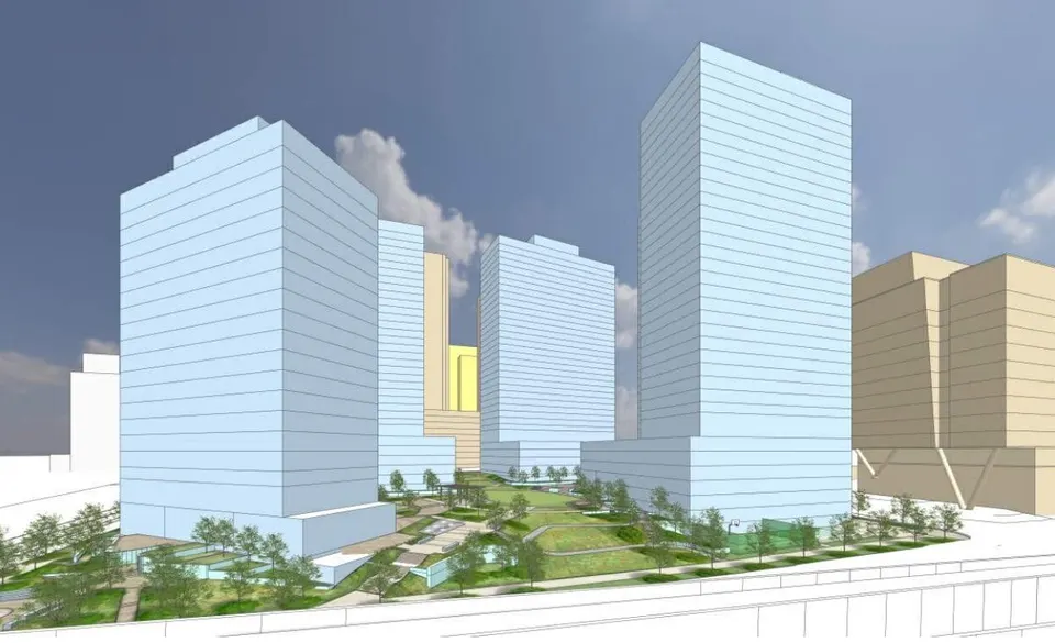 View of Dittmar Company’s proposed Westpark Plaza development from the Greensboro Metro station (via Hickok Cole Architects/Fairfax County)