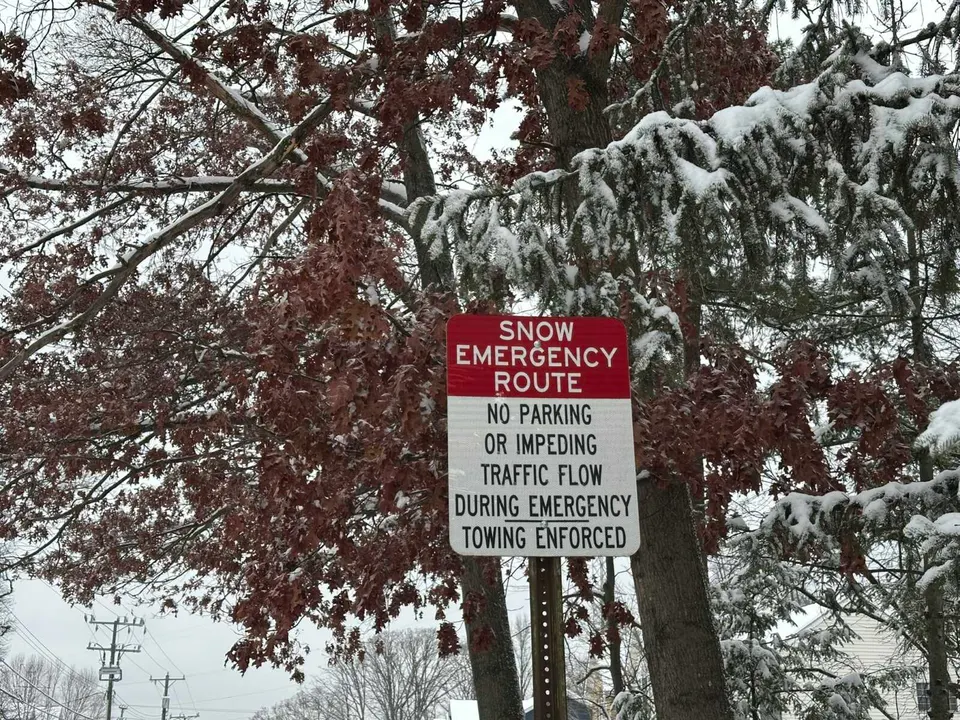 A sign marks a snow emergency route prioritized for plowing in Vienna (staff photo by Angela Woolsey)
