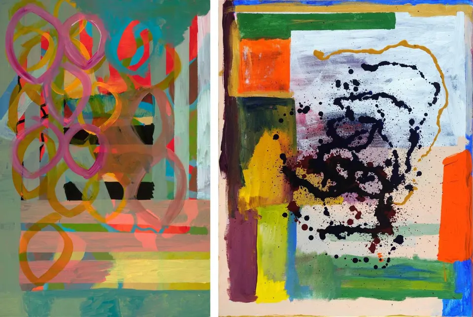 The paintings “Hanging Out” and “Magdi” by artist Yasmine Iskander (courtesy McLean Project for the Arts)