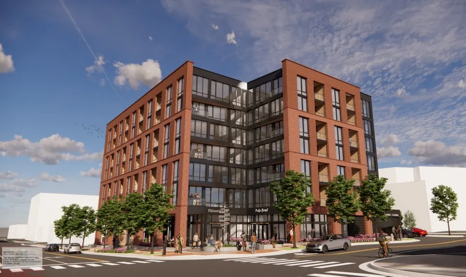 An apartment building with ground-floor retail will replace the McLean Office Center at Beverly Road and Elm Street (via KTGY/Fairfax County)