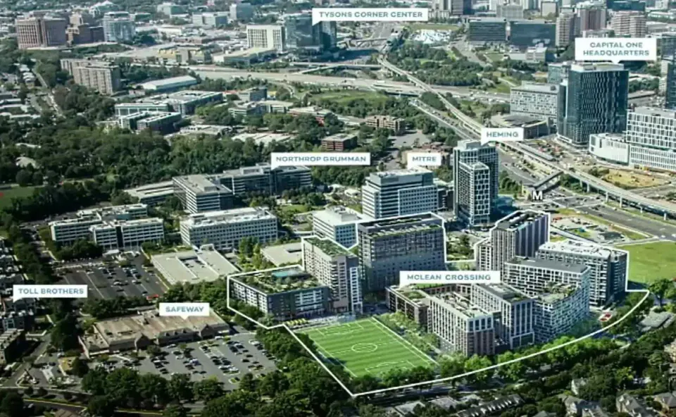 The proposed McLean Crossing redevelopment and its surroundings in Tysons (via LCOR and Fairfax County)