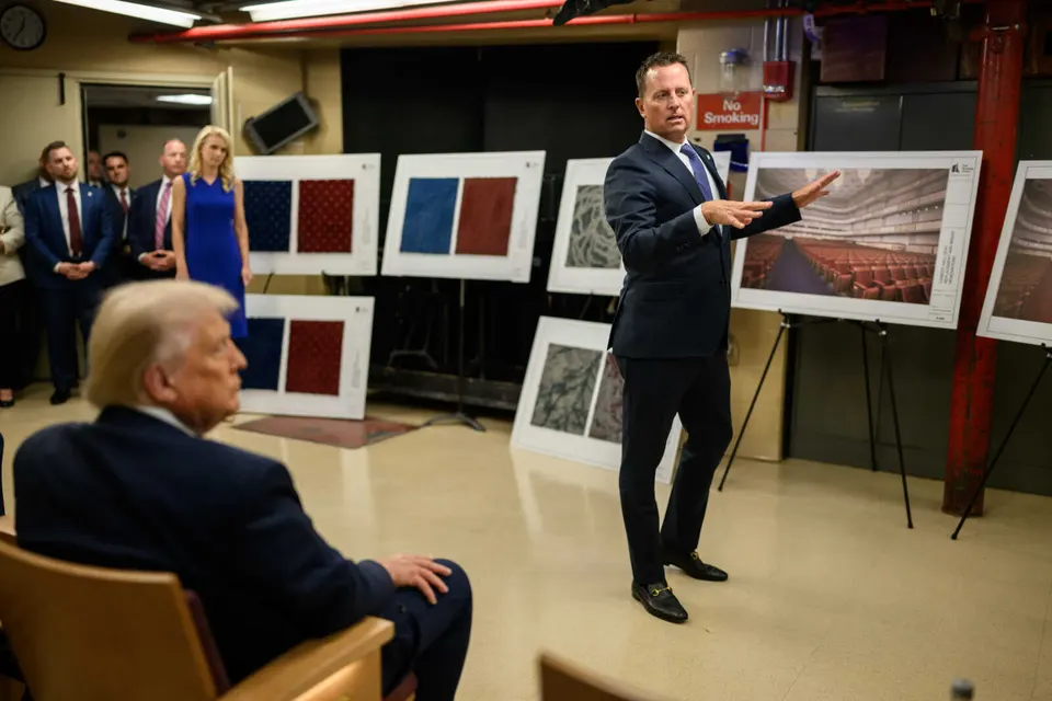 President Donald Trump discusses improvements to the John F. Kennedy Center for the Performing Arts with Kennedy Center Executive Director Richard Grenell in Washington, D.C.,...