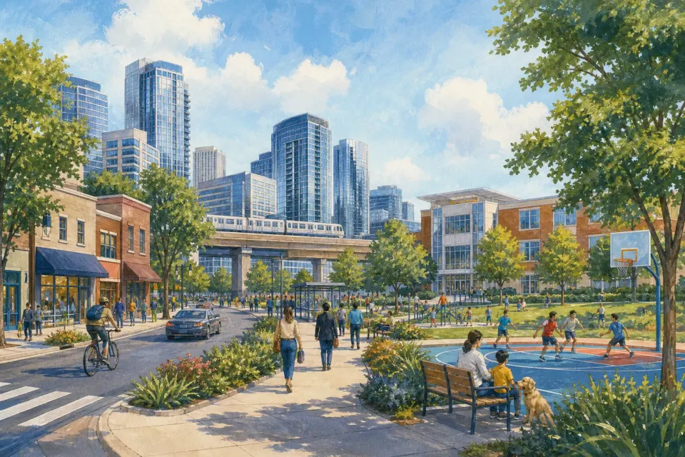 Editorial illustration of Northern Virginia community life with transit, schools and local businesses