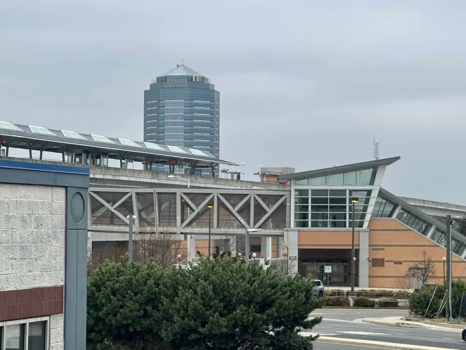 The former Sheraton Tysons Hotel building behind the Spring Hill Metro station (staff photo by Angela Woolsey)