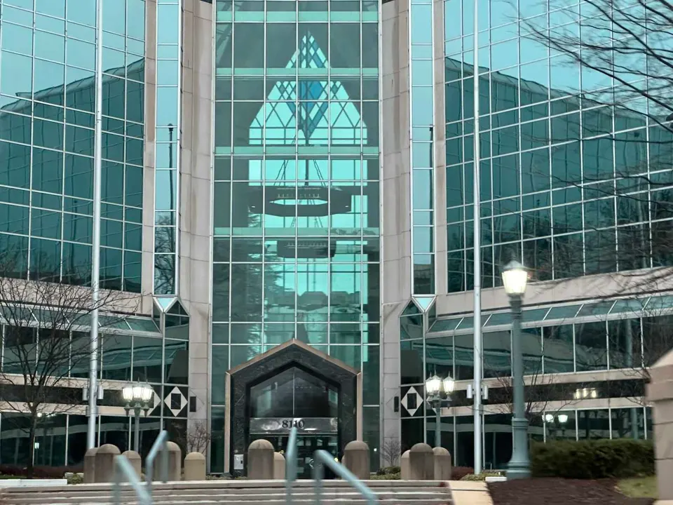The entrance to the vacant office building at 8110 Gatehouse Road in Merrifield (staff photo by Angela Woolsey)