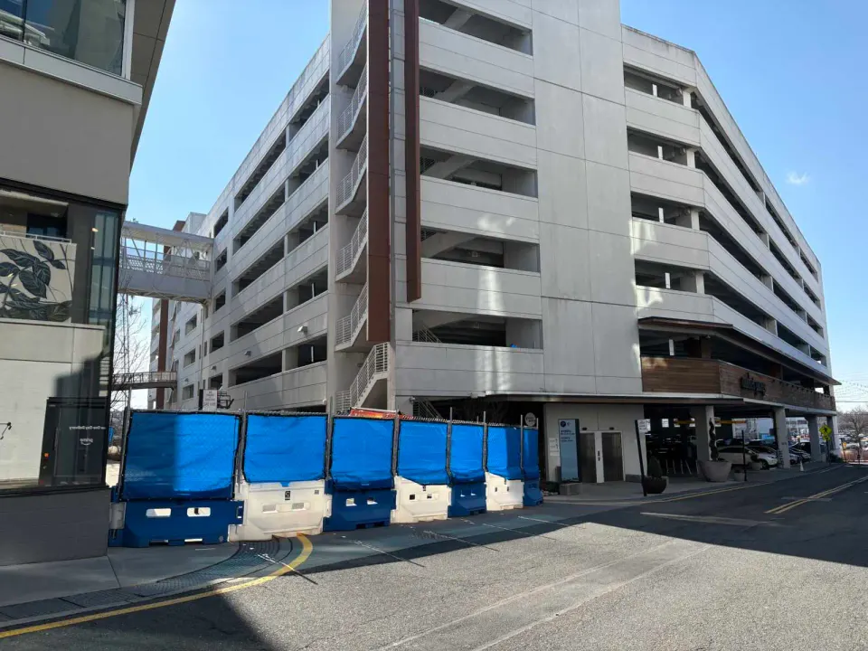 A road blocked off at Merrifield’s Mosaic District (staff photo by Jared Serre)