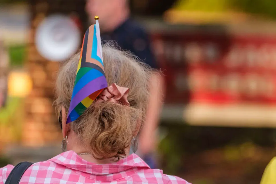 A LGBTQ pride flag sticks in a woman’s hair at a 2023 rally in support of transgender students outside Luther Jackson Middle School (staff photo by Jay Westcott)