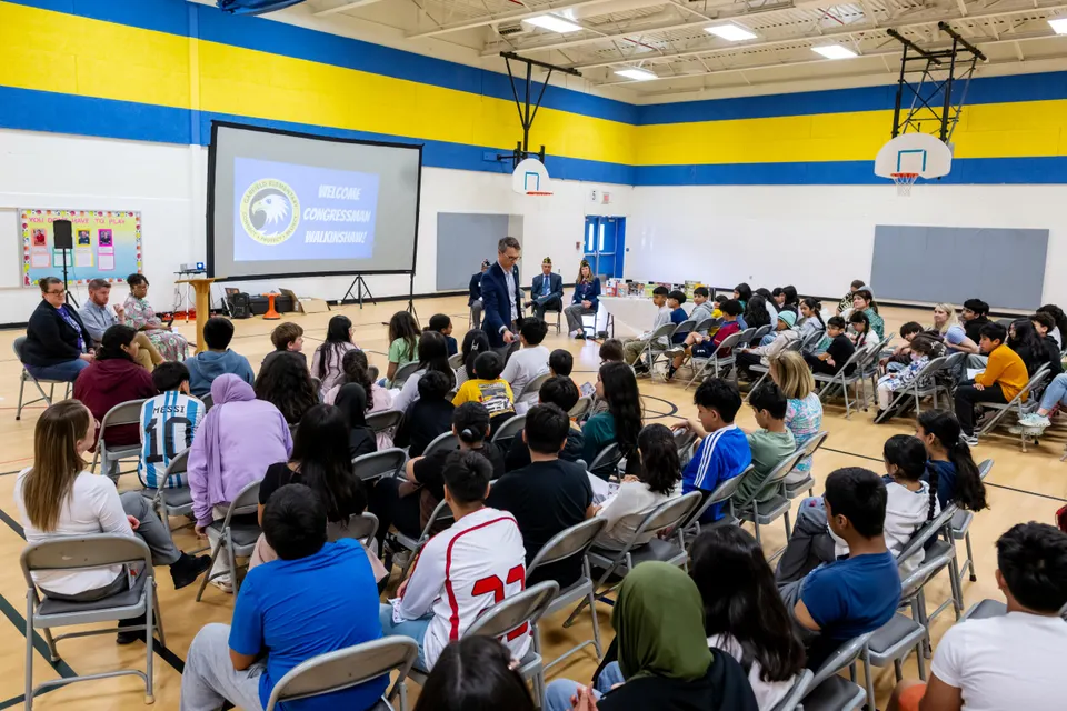 Congressman James Walkinshaw answering questions from students at Garfield Elementary.