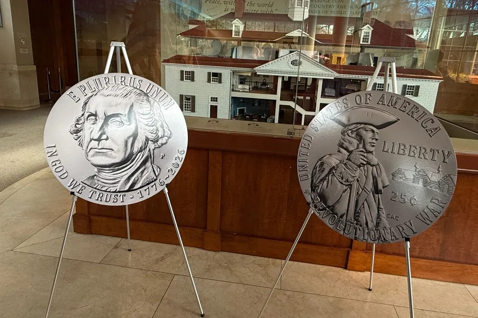 The U.S. Mint unveiled a commemorative coin Monday, featuring the likeness of George Washington in celebration of the nation's 250th anniversary.