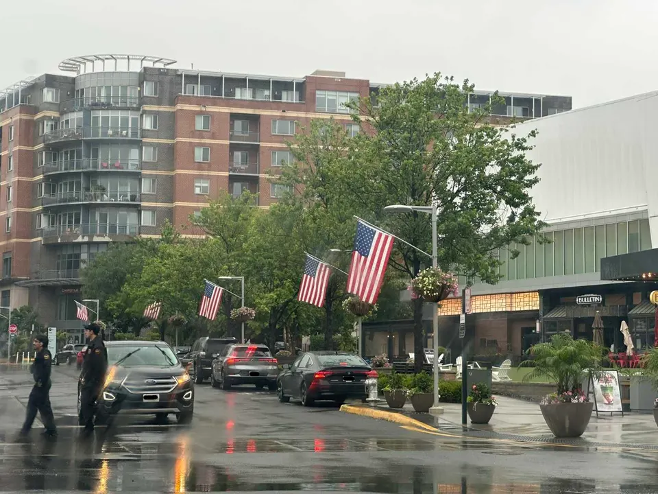U.S. flags hang along Strawberry Lane at the Mosaic District in the rain (staff photo by Angela Woolsey)