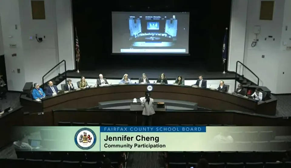 FCPS Parents for Intentional Technology member Jennifer Chang speaks during the public comments portion of the Fairfax County School Board’s March 19, 2026 meeting (via...