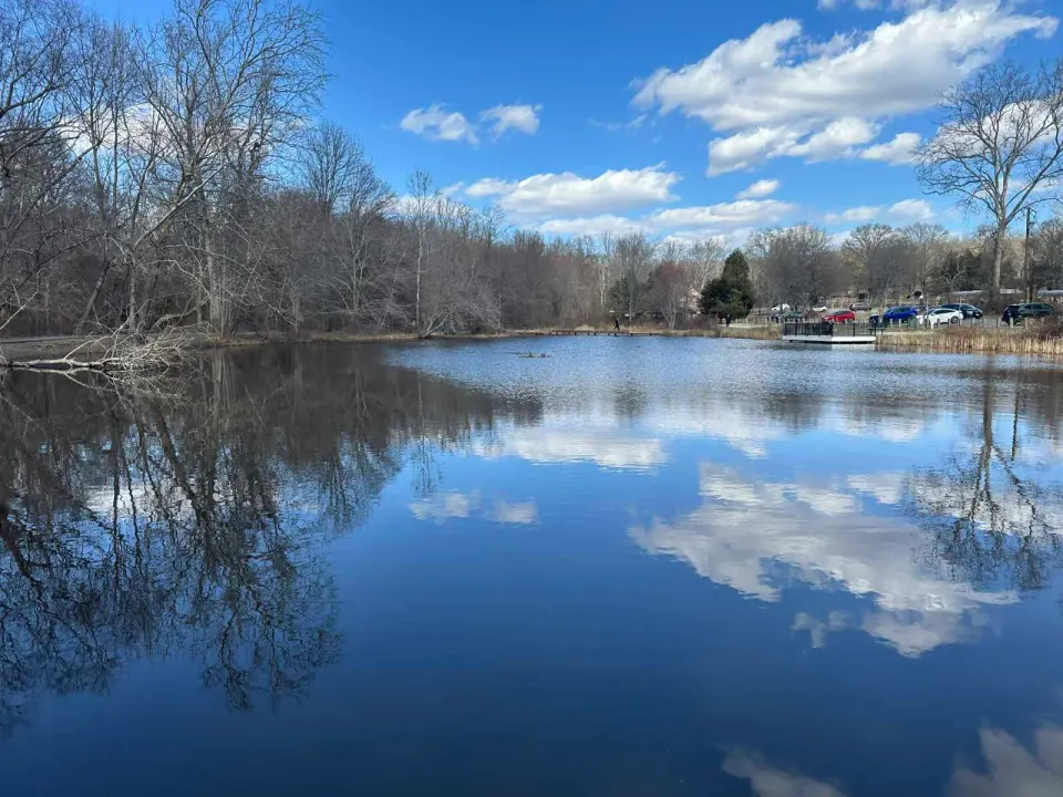 The sky is reflected in Walney Pond at Ellanor C. Lawrence Park in Chantilly (staff photo by Angela Woolsey)