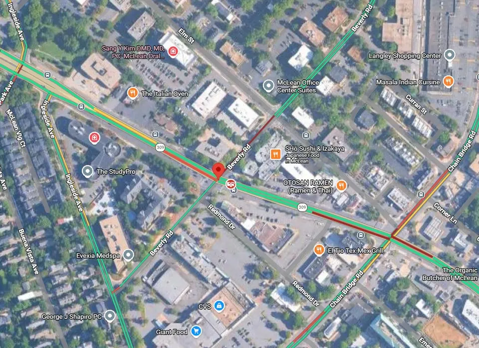 Old Dominion Drive closed at Beverly Road in McLean after a pedestrian crash (via Google Maps)