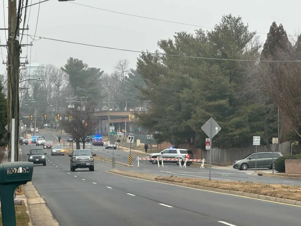 Friday morning traffic after a pedestrian was struck in Vienna (staff photo by Angela Woolsey)