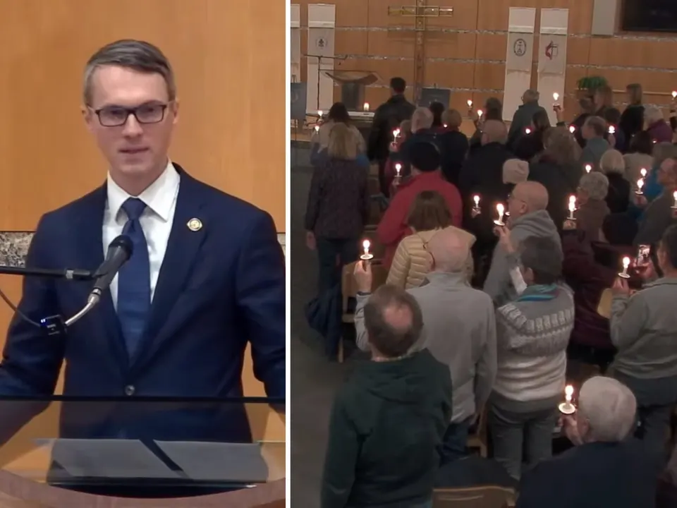 Rep. James Walkinshaw speaks during a vigil held in Reston (via United Christian Parish/YouTube)