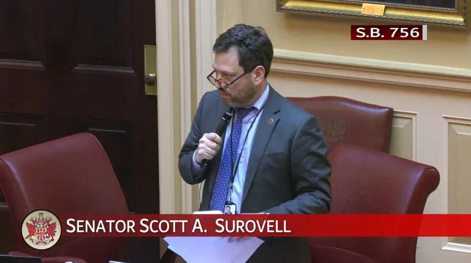 Senate Majority Leader Scott Surovell seeks support for SB 756, which would make Fairfax County eligible to host a casino (via Senate of Virginia/YouTube)
