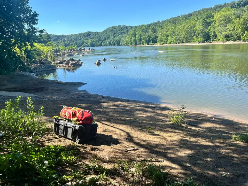 Montgomery County and Fairfax County first responders are searching the Potomac River near Great Falls for a swimmer reported missing on June 14, 2026 (via Pete Piringer/X)