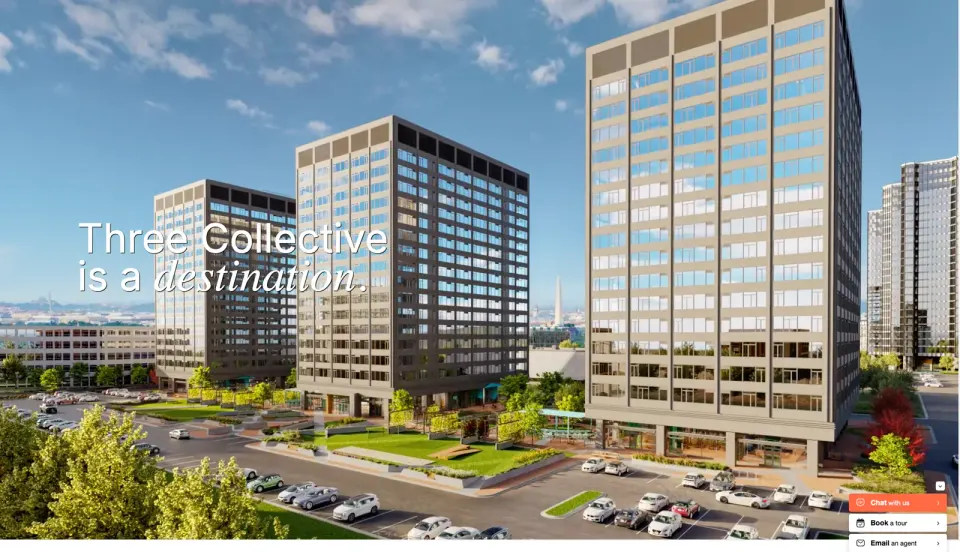 Three office towers in Baileys Crossroads at 5203 Leesburg Pike have been "adaptively reused" into 675 "flexidential" apartments by Three Collective. Courtesy 3co.