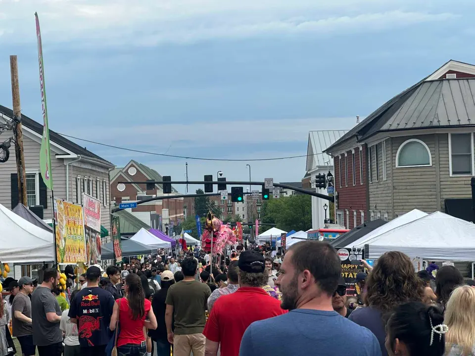 Dragon performers navigate crowd at the Asian Festival on Main in Fairfax City (staff photo by Angela Woolsey)