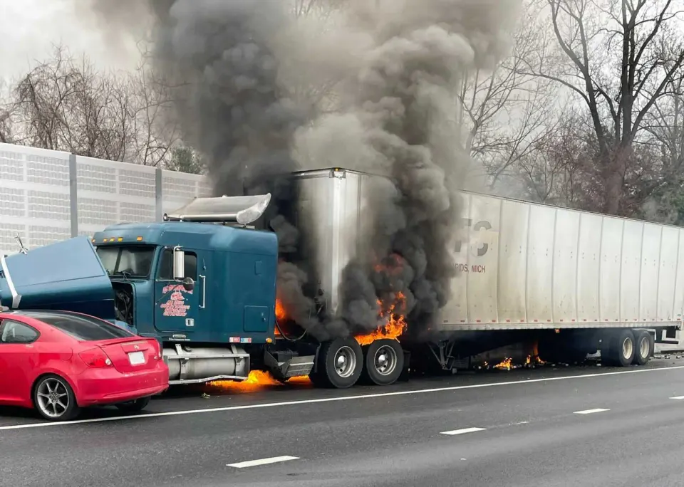 A collision between a truck and a sedan led to a fire on I-66 West prior to Nutley Street (via FCFRD/Facebook)