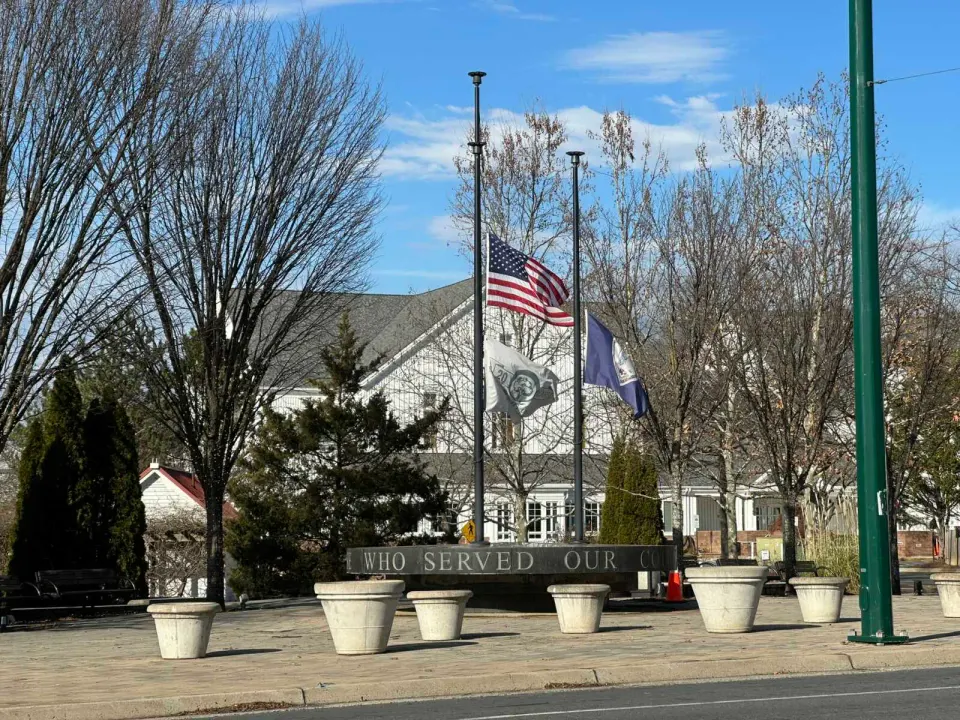 Flags fly at half-staff over the water fountain at Vienna’s Town Green (staff photo by Angela Woolsey)