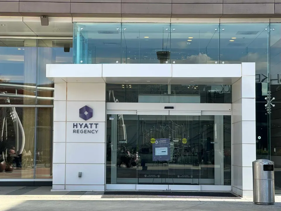 The entrance to the Hyatt Regency hotel at Tysons Corner Center (staff photo by Angela Woolsey)
