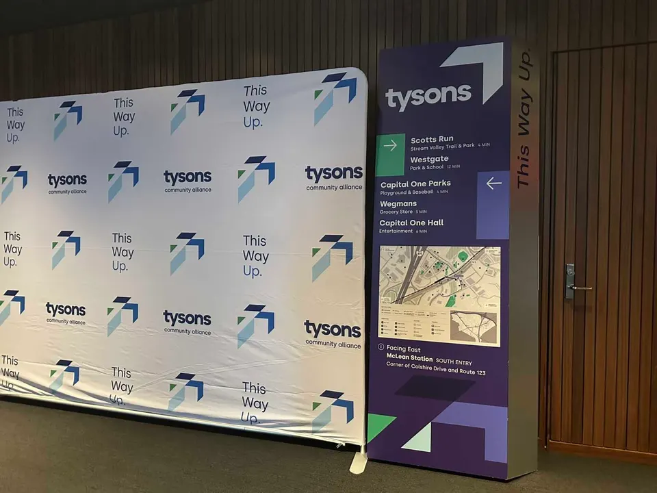 An obelisk sign planned for the Tysons Metro stations on display at the Tysons Community Alliance’s Vision Tysons 2026 summit (staff photo by Angela Woolsey)