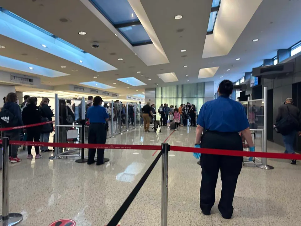 A security screening area at Dulles International Airport in April 2025 (staff photo by Angela Woolsey)