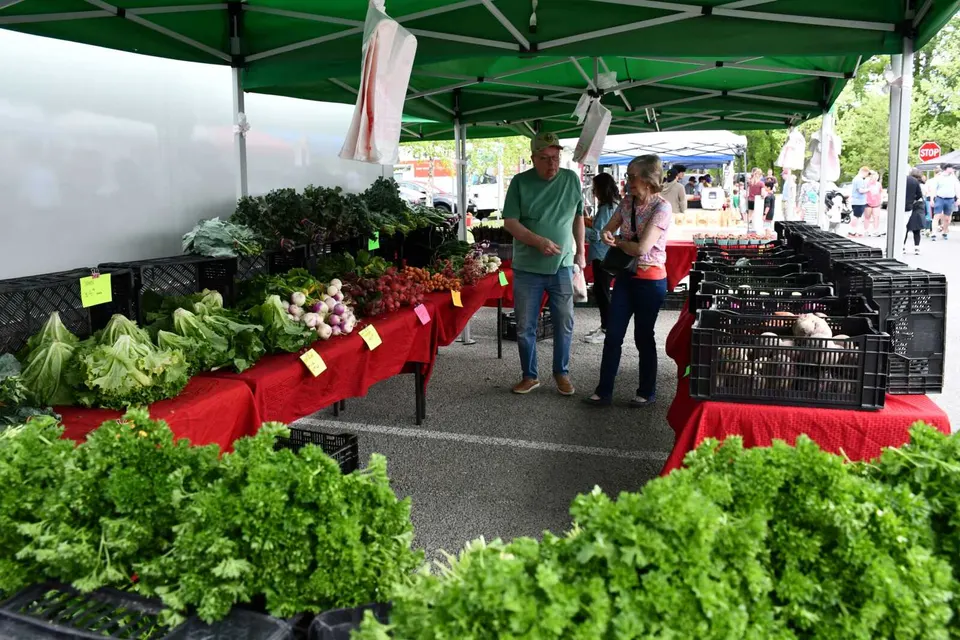 Customers check out vegetables at the Vienna Farmers Market (courtesy Town of Vienna, Va.)