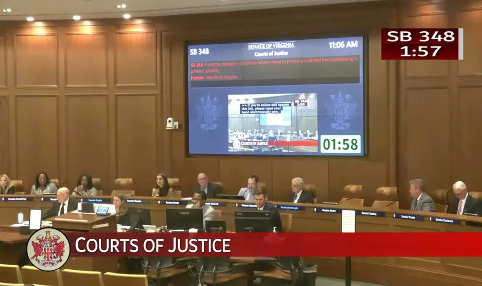 Virginia Senate Courts of Justice Committee hears testimony on State Sen. Jennifer Boysko’s firearms storage bill (via Virginia Senate/YouTube)