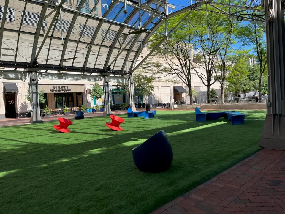 Seating set up at Reston Town Center’s pavilion on May 11, 2026 (staff photo by Emily Leayman)