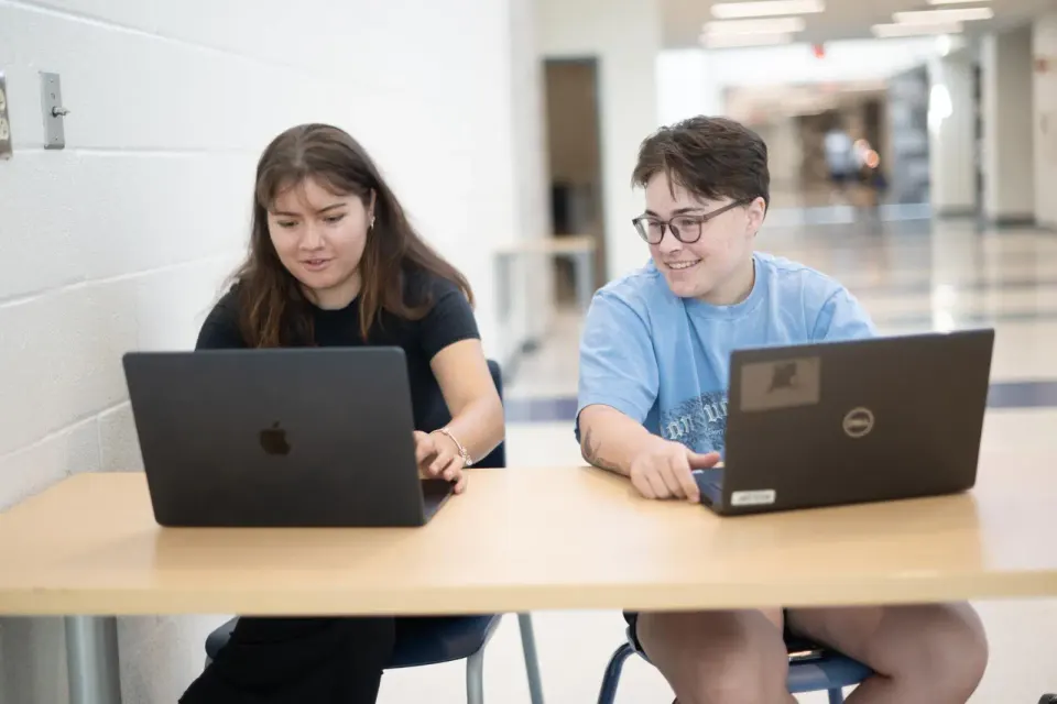 two interns work at a desk on their laptops