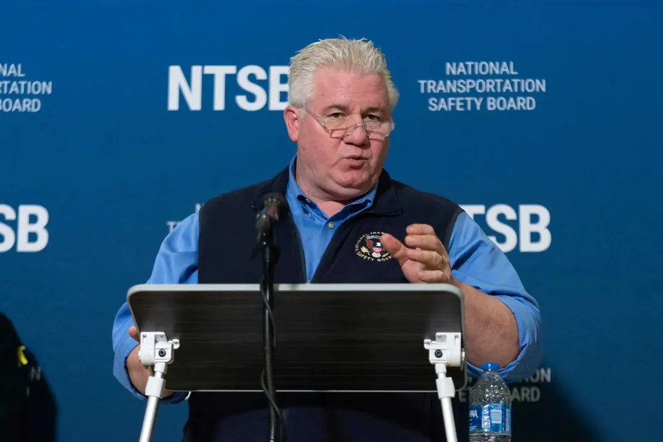 FILE – National Transportation Safety Board member Todd Inman speaks with reporters at Ronald Reagan Washington National Airport, Feb. 1, 2025, in Arlington, Va. (AP Photo/Jose...